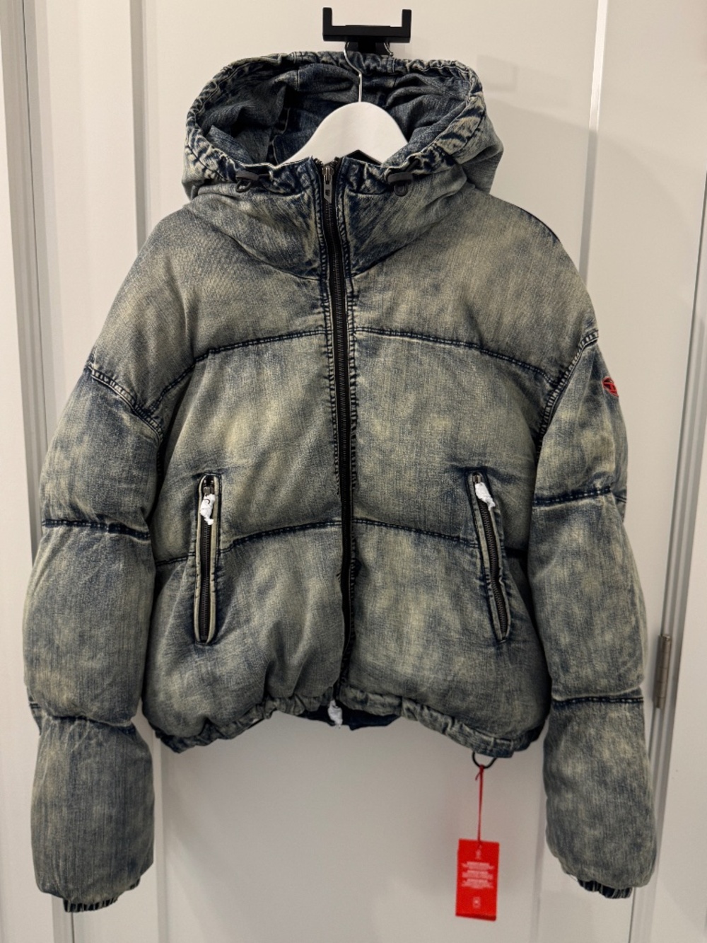 NWT - DIESEL W-AVES Cropped Denim Puffer Jacket W/ Hood Size 46